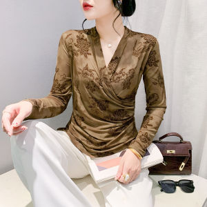REHIN Simple V-Neck Printed Slim Fit Long Sleeve T-Shirt Autumn Versatile Elegant Womens Top