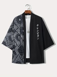 Mens Casual Kimono Style Japanese Letter Print Loose Fit Open Front Shirt Adult Clothes for Summer Vacation Resort Photograph