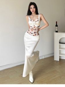 SylCue Spicy Lace Halter Top And Mini Skirt Set Womens Fashion Summer Outfit Polyester V-neck Two-piece Ensemble