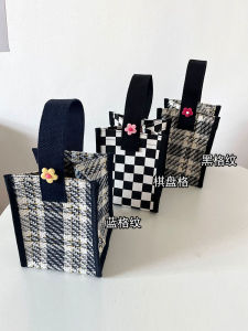 Casual Large Capacity Mini Square Canvas Handbag Checkered Pattern Tote Bag Waterproof Versatile Handheld Bag for Daily Use