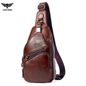 LION VERA Mens Genuine Leather Chest Bag Multifunctional Anti-Theft Crossbody Bag Casual Retro 6.6-inch Mobile Phone Bag