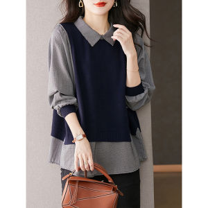 กันยายน Stray Ink ถัก หลวม ทันสมัย เสื้อเชิ้ตแขนยาว ผู้หญิง ฤดูใบไม้ร่วง สวมใส่ 2023 แบบใหม่ ความยาวปานกลาง ปกโปโล เสื้อสวม