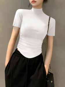 Summer New White Half High Collar Short Sleeve Knitted Thin T-Shirt Womens Base Layer Uneven Short Style Commute Korean Version
