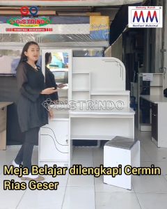Distrindo - Meja Belajar RIAS Cermin SLIDING Geser Rak serbaguna Lemari + KURSI Warna PUTIH / COKLAT