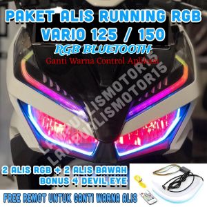 PAKET LAMPU LED ALIS RUNNING RGB CONTROL APLIKASI VARIO 125 150 BONUS DEVIL EYES/LAMPU ALIS RGB RUNNING BLUETOOTH VARIO 125 BONUS DEMON EYES