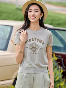 WANGGONGZHU | Retro Letter Ice Silk Knitted Summer Top Womens Thin Round Neck Short Sleeve Casual Fashionable T-Shirt Princess Style Pure Color