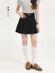 กระโปรงสั้นทรงเอสีดำสไตล์ย้อนยุค XinmonLee สำหรับผู้หญิงในช่วงต้นฤดูใบไม้ร่วง กระโปรงสั้นทรงเอเอวสูง ทรงเอ สไตล์เรียบง่าย