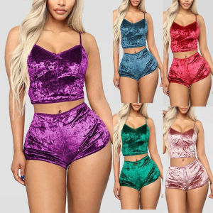 2Pcs/set Womens Velvet Polyester Comfortable V Neck Underwear Crop Top + Shorts Pajama Set Homewear Sleeveless Top Shorts Camis