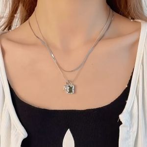 J&C 2PCS/Set Titanium Steel Square Zircon Necklace Pendant Not To Fade Jewelry HN2686