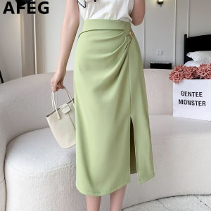 AFEG solid color Korean version fashion high-waisted retro mid-length one-step skirt