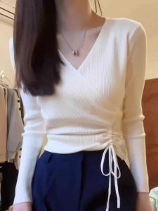 Womens V-Neck Long Sleeve Knitted Shirt Short Style Inner Wear Base Color Design Spring Autumn Season Chinese Version Sweater