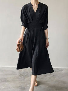 Váy Chữ a Dài Mùa Hè Thanh Lịch Cho Nữ Váy Chữ a Cạp Cao Cổ Chữ V Váy Đen Ôm Sát Cơ Thể Váy Dài Thường Ngày