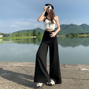 Quần Jeans Lưng Cao Ống Rộng Kiểu Retro Chất Liệu Denim Dáng Suông Thiết Kế Xếp Ly Dài Đến Mắt Cá Chân Phong Cách Cổ Điển Thời Trang Nữ