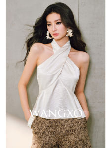 WANGXO | Áo Dây Nơ Gập Tay Thêu Nghệ Thuật Bóng Lụa