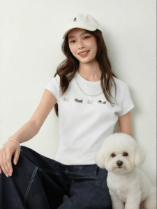 SEIFINI | Pearl and Pet Pattern Fitted T-Shirt Short Sleeve Round Neck