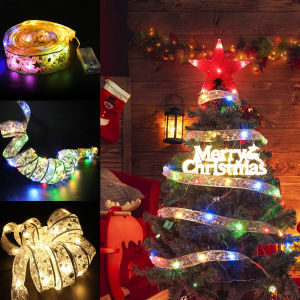 Christmas Ribbon Roll With String Lights Battery Operated For Christmas Tree Decoration Ornaments Home Garden Weddings New Year Party Decor