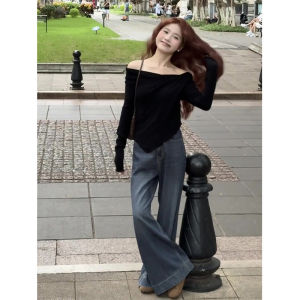 กางเกงยีนส์ทรงหลวมเอวสูงสีน้ำเงินเข้ม กางเกงขายาวทรงตรงสำหรับผู้หญิง ฤดูใบไม้ร่วง 2024 กางเกงขายาวทรงตรงทรงหลวมสำหรับผู้หญิง