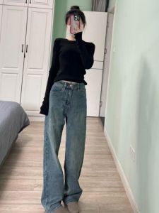 Extended Length High Waist Straight Leg Loose Fit Slimming Wide Leg Jeans High Street Style Womens Denim Pants Casual Wear