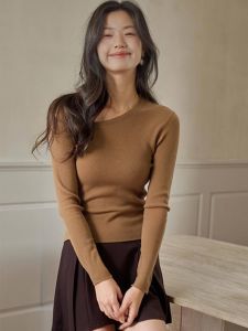 BINKAFENNY | Spicy Girl Style Knitted Long Sleeve Base Shirt Short Shoulder Bared Womens T-shirt Slim Fit Design Korean Version Commute Style