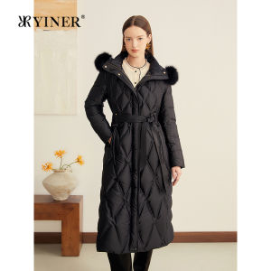 Shimmering Satin Fox Fur Collar Gradual Quilted Hoodie Down Jacket