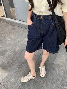 Deep Blue High Waist Casual Womens Shorts Summer Loose Hip Covering Straight Leg Jeans Thinming Fat Sister Casual Five-Point Pants