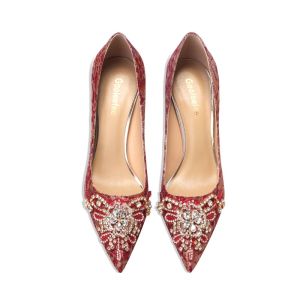 Red High Heels Womens New 2025 Pointed Toe Thin Heel Chinese Style Elegant Bride Shoes Two-Way Wear Wedding Shoes