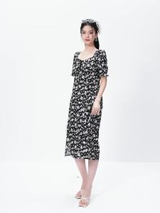 SEIFINI | Black Floral Printed Midi Dress 2024 Summer