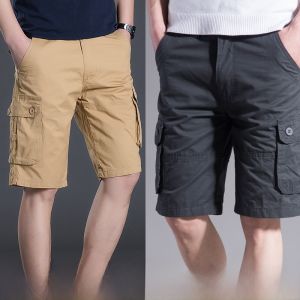 Mens Short Cotton Work Pants Summer Thin Five-Point Casual Loose Fit Youth Trendy Green Color Mid-Waist Straight Leg Trousers