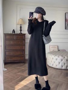 Long Base Knitting Dress Womens Autumn and Winter Match with Coat Inner Wear Loose and Idle Hooded Sweatshirt Sweater Skirt