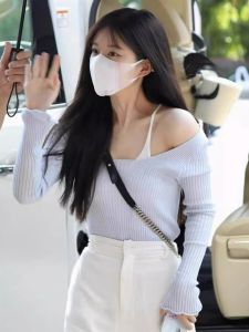 PEIXI | Blue Off-shoulder Elegant Sweater Knit Top