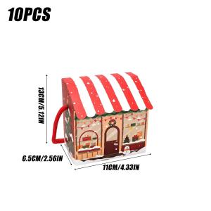 10Pcs House Shaped Small Christmas Gift Box Fancy Treat Cookie Dessert Bakery Box for Party Goodies Gift Giving Candy Packaging Box