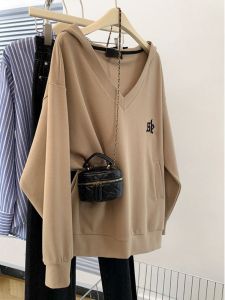 plus Size Loose Fit V-Neck Hoodie Womens Autumn Long Sleeve Comfortable Versatile Casual Style Polyester Cotton Blend Sweatshirt