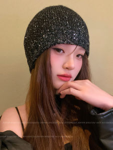 Shiny Sequin Knitted Hat Womens Spring Autumn Winter Fashionable Face Slimming Headwear Comfortable Soft Versatile Knit Cap