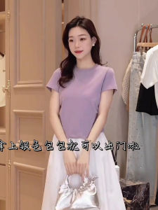 Elegant Minimalist Womens T-shirt Summer Waist-Cinching Pleated Short Sleeve Pure Color Casual round Neck Top for Ladies