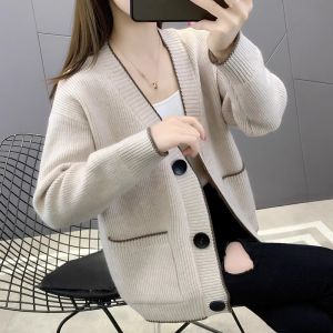 Spring and Autumn Short Pure Color Cashmere Cardigan Womens V Neck Knitted Outerwear K-style Loose Sweater Coat Long Sleeves Easiest for Match