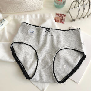 Antibacterial Pure Cotton Mid-Waist Briefs Womens Comfortable Hip Covering Underwear Lace Edge Simple Style Home Clothes