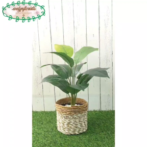 Pohon Hias Artificial Daun Keladi Hijau X12 Cover Pot Seagrass Coklat Mini Hiasan Meja Hiasan Ruang Tamu Aesthetic