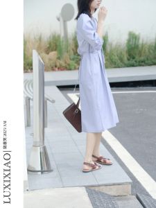 LUXIXIAO Korean Style Striped Shirt Dress High Waist Side Slit Loose Fit Seven Sleeve round Neck mid Length Womens Dress