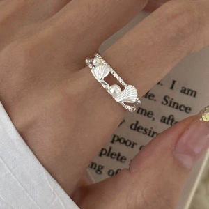 S925 Sterling Silver Shell Shaped Ring for Women Textured Edge Open Style Pearl Imitation Ocean Theme Korean Fashion Jewelry