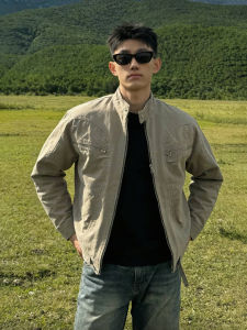 ZHUOCAN | Khaki Regular Shoulder Harrington Jacket Male Hardy Style Collar American Silhouette Short Jacket