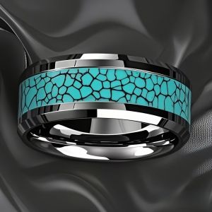 Wholesale 8MM Inlay Men Blue Turquoise Rings Beveled Edge Stainless Steel Rings for Men Women Wedding Engagement Band Jewelry