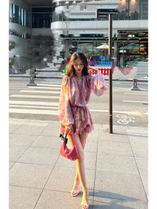 French Vintage Summer Dress Womens Loose Lantern Sleeve V-Neck Fairy Skirt High Waist Long Sleeve Floral Print Commute Style