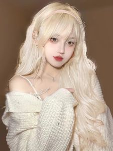 Fashionable Natural Long Hair Wig Womens Full Head Cover Style 2022 New Lolita Light Beige Wig Elegant Curly Hairpiece
