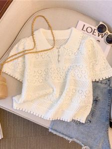 Áo Thun Cổ Polo Tay Ngắn Dệt Kim Khoét Lỗ Màu Cam Mùa Hè Cho Nữ Áo Ngắn Kiểu Pháp Ngọt Ngào Và Cay Nồng Áo Ngắn