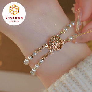 Viviann Original Double Layer Pearl Bracelet Vintage Palace Exquisite Bangle New Fashion Trend Unique Design Double Layer Pearl Zircon Bracelets Women Jewelry Wedding Party Premium Gift