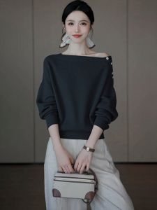 SHANGSHA | French Style Design Lazy Fit Gray Slant Shoulder Long Sleeve Hoodie