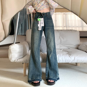 American Retro Womens Loose High Waist Jeans Spring New Style Casual Washed Wide Leg Pants Bootcut Trousers Slimming Effect