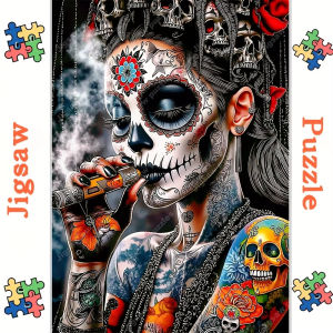 500/1000/1200/2000PCS Jigsaw Puzzles - Family Fun Adult Puzzle with Vibrant Floral & Skull Design Portable Cuboid DIY Art Decor