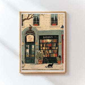 Bookstore Art Print Cozy Bookshop Illustration Library Wall Decor Gift for Book Lover Reading Nook Poster Home Office Liter