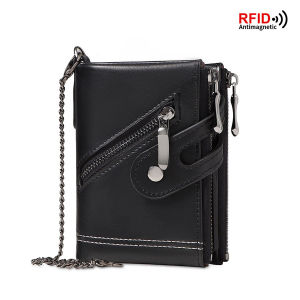Mens Chain Wallet RFID Anti-Theft Mens Retro Leather Wallet Double Zipper Coin Purse Credit Card Holder for Men and Women